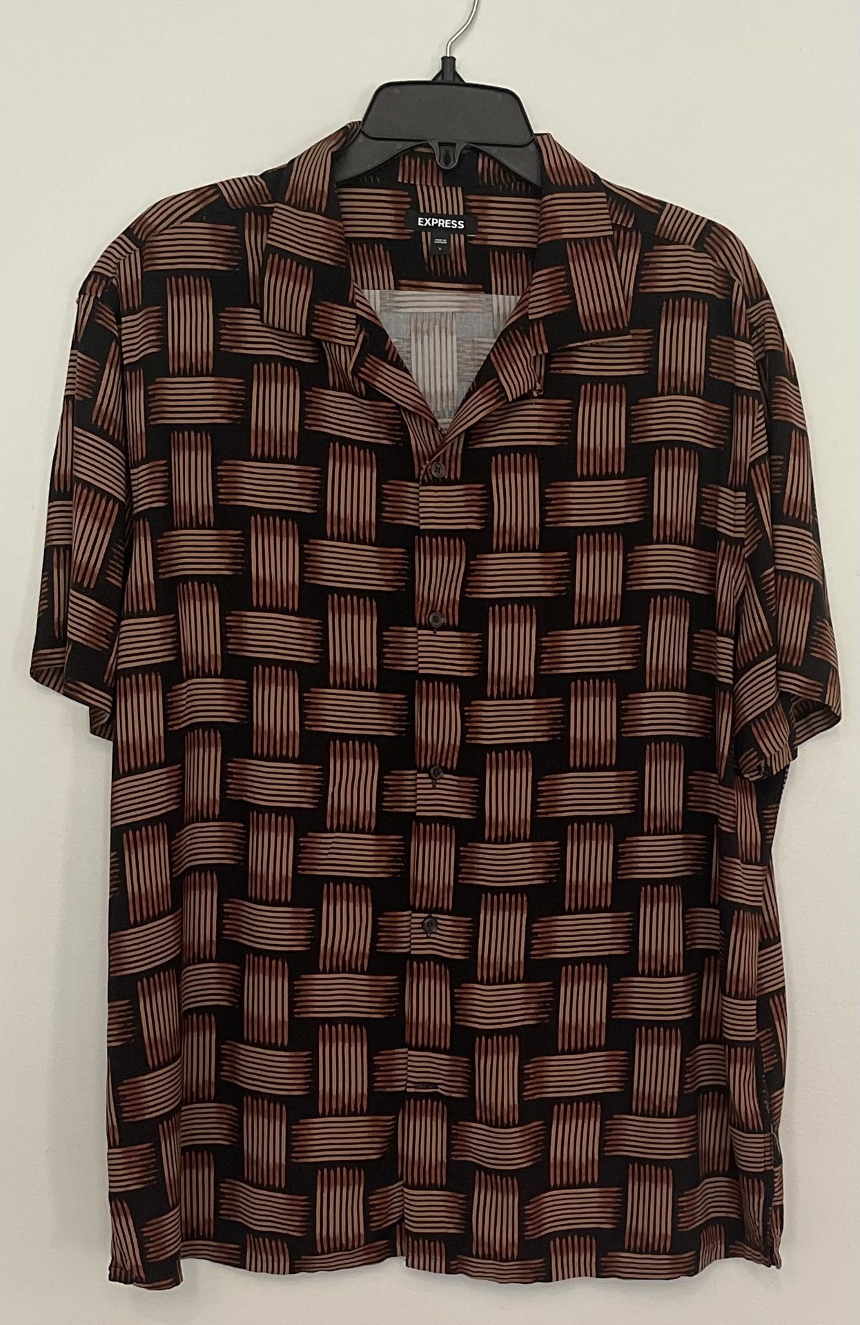 Express Men's Brown Striped Short Sleeve Button-Down Shirt, Size L