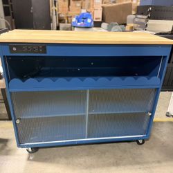 Kitchen Island with Drop Leaf LED Light Kitchen Cart on Wheels with Power Outlets 2 Sliding Fluted Glass, blue (without folding top ) $100 