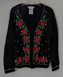 VJ VTG Sweater M Christmas Poinsettias Black Beaded Pearls Button Up Cardigan