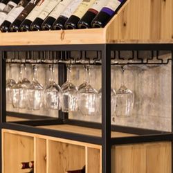 Industrial Standing Wine Rack Shelves with Glass Rack-A