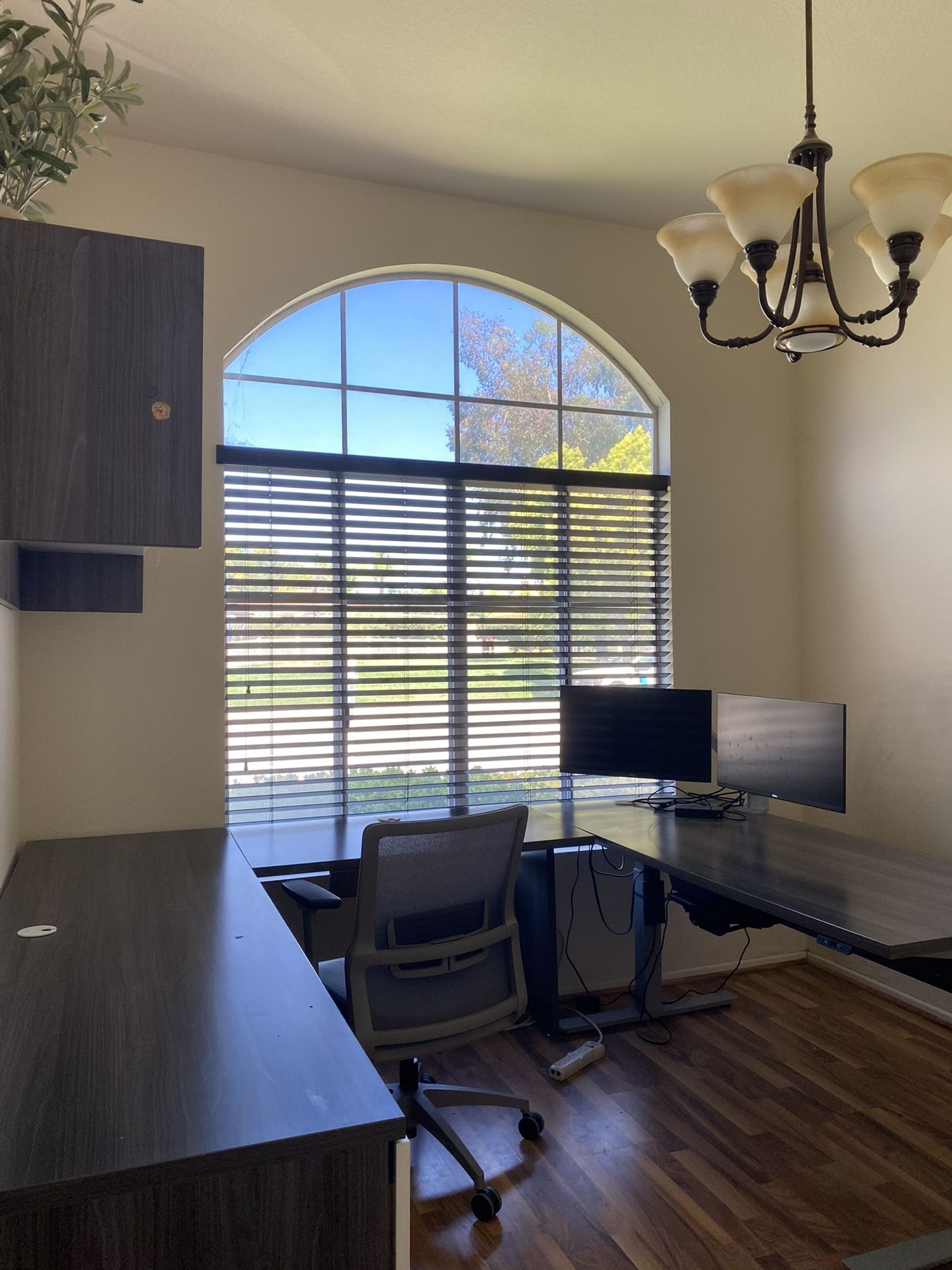 C-Shaped Desk Set w/ Filing Drawers, Dual Monitor Arms, & Standing Desk
