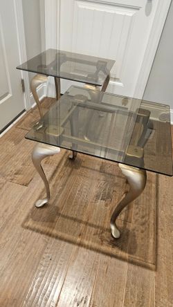 Vintage Hollywood Regency LaBarge Style Brass & Smoked Glass Side Tables - Pair