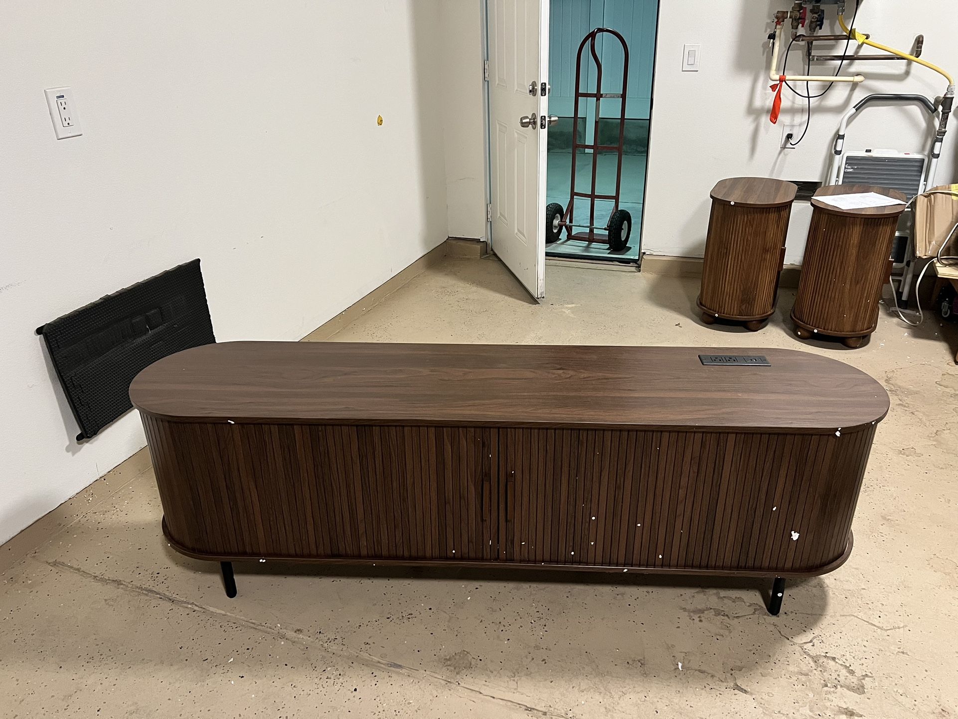 NEW walnut 69 inch TV stand with power outlet