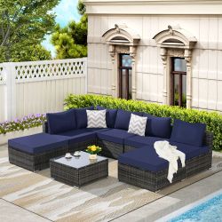 8 Pieces Outdoor Patio Sectional Sofa Couch,Wicker Furniture Conversation Sets with Washable Cushions & Glass Coffee Table for Garden, Poolside, Backy