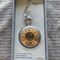 Majesti Pocket Wind Up Watch, Silver & Gold Tone Vintage 17 Jewels.