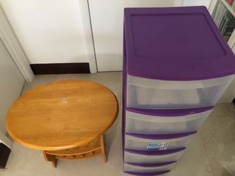Wood magazine table and plastic storage