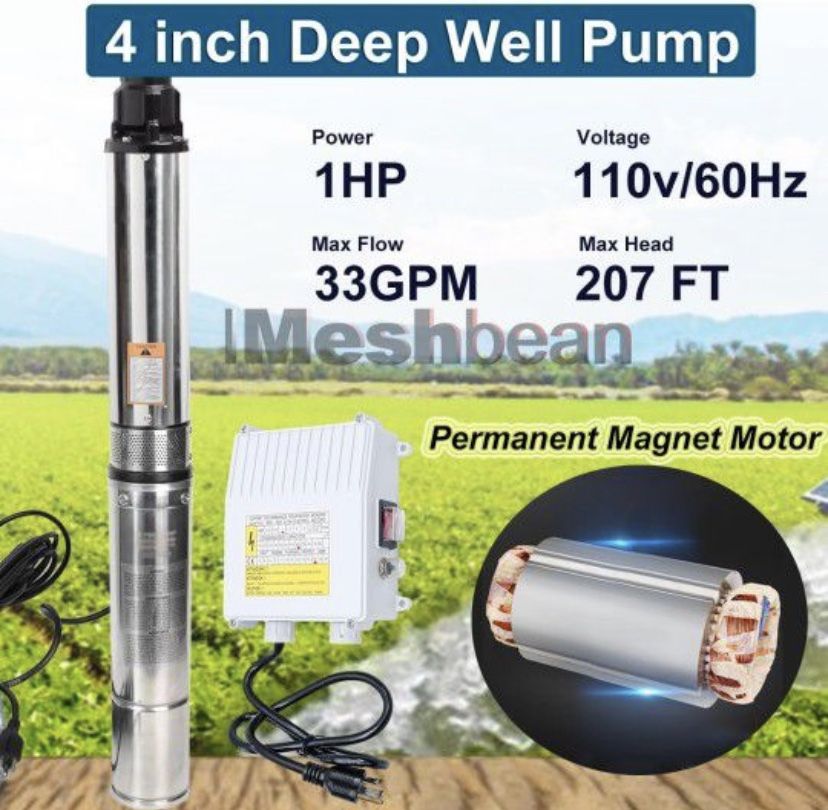 Submersible Well Pump 110V with Control Box, 4" Deep Well Pump 1.0 HP 33 GPM, 207' Head, 100FT Power Cord,Stainless Steel Well Pump