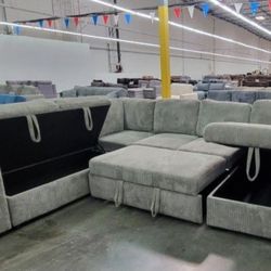 ✅️✅️4 pc Grey  corduroy fabric sectional sofa with storage chaise and love seat and pop up sleep area in center USB charging✅️✅️