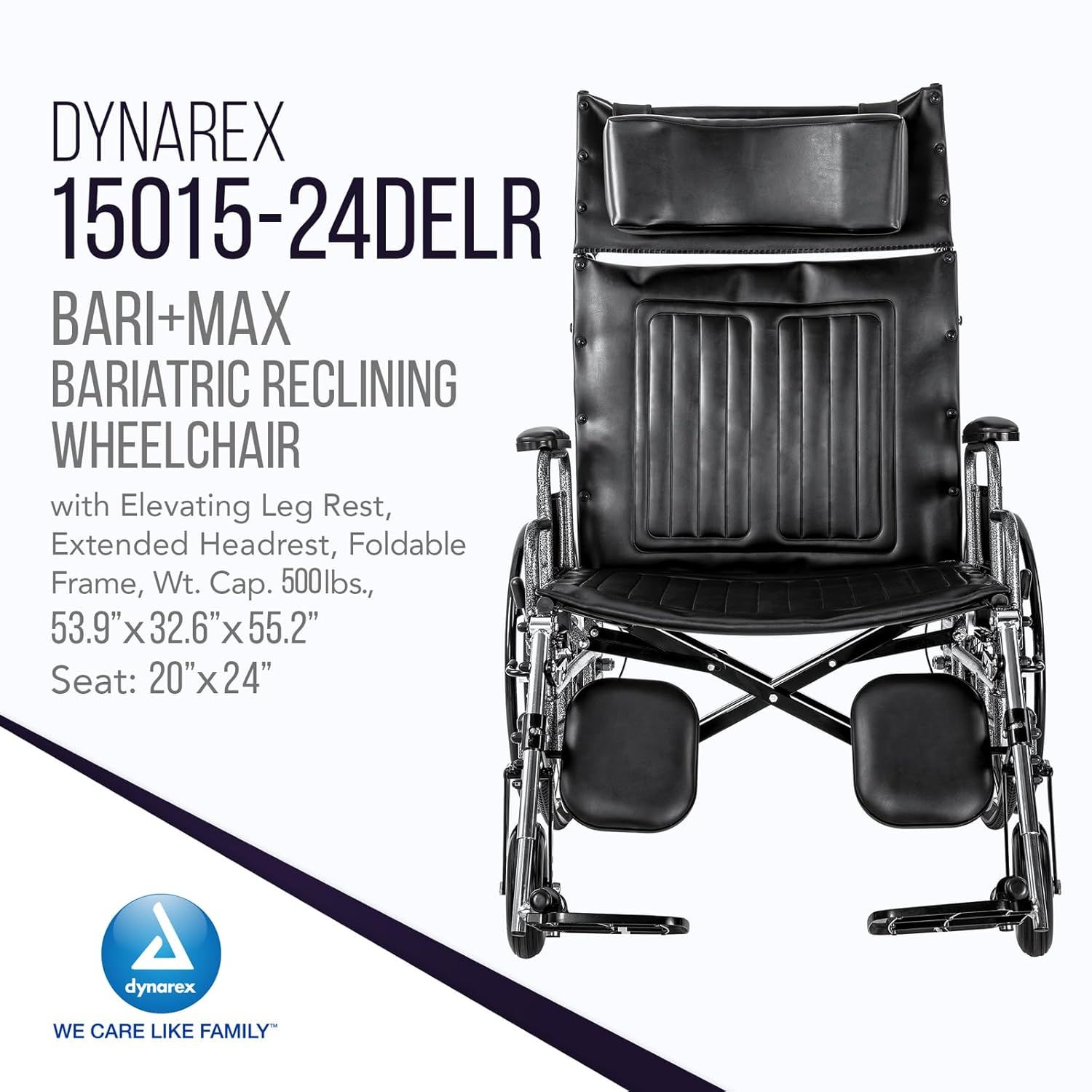 NEW - Dynarex Bari+Max Bariatric Reclining Wheelchair with Elevating Leg Rest, Extended Headrest, Foldable Frame - 24" Seat, 500 Pounds Weight Capacit