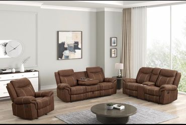 Brown Fabric Reclining Sofa Set – 3 Piece