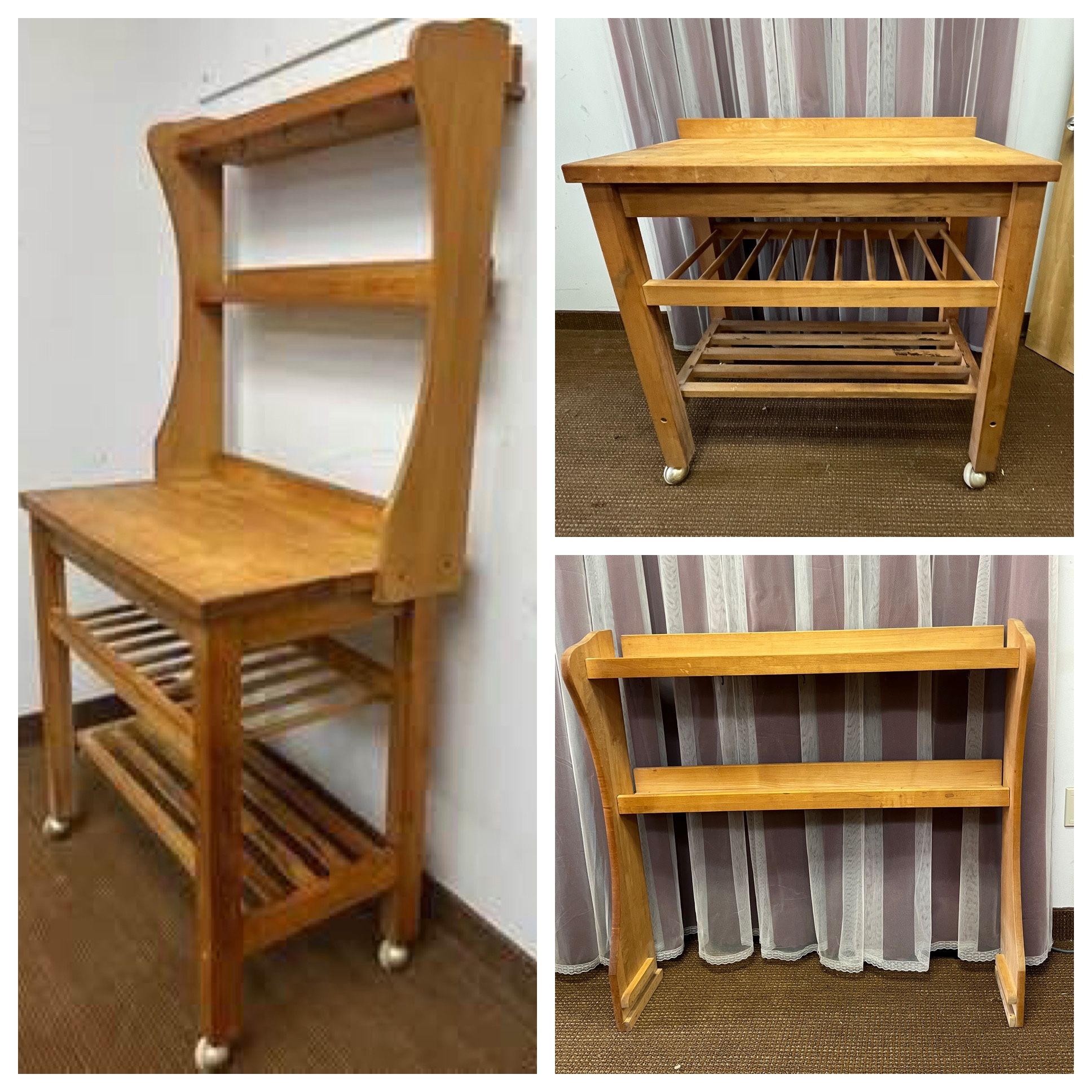 Butcher block bakers rack kitchen island. Microwave table, cutlery slots, wheels, spice rack, bottom storage, hooks.