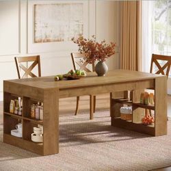 GL0013 Farmhouse Dining Table for 6, 71-Inch Rectangle Kitchen Table with Storage Shelves, Rustic Wood Dinner Table for Kitchen, Dining Room, Living R