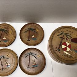 Vintage California Wood Coasters in Container Catinlina Island Hand Painted & Carved