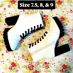 New Women White Combat Lugged Block Heel Platform Lace Up Boots Faux Leather
