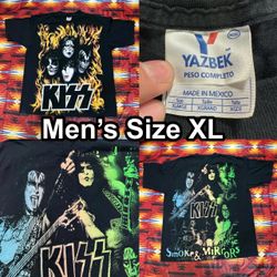 Vintage KISS All Over Print Rock Tee Black T-Shirt Smoke & Mirrors Men’s Size XL
