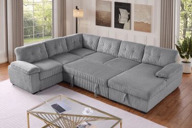 Corduroy 114” Pull-out Sleeper Sofa Bed Sectional Couch With Storage Chaise