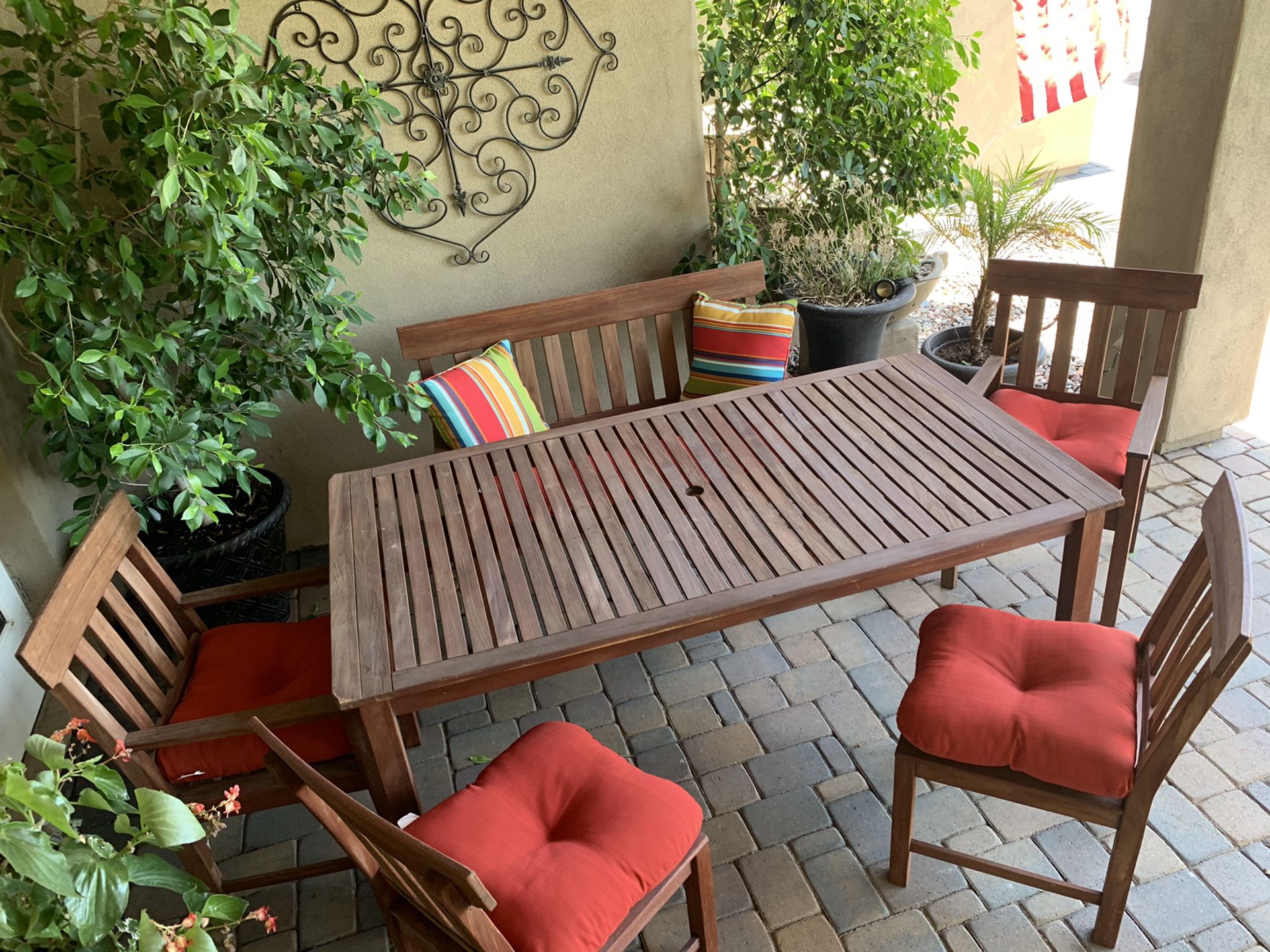 Outdoor Patio Furniture - Wood Table, 4 chairs and one love seat