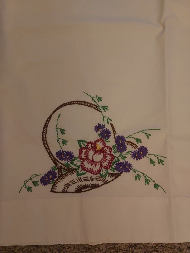 Pair of Vintage Cream Hand Embroidered Basket and Floral Pillow Cases NO Stains