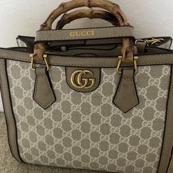 Diana mini leather-trimmed crystal-embellished canvas-jacquard tote