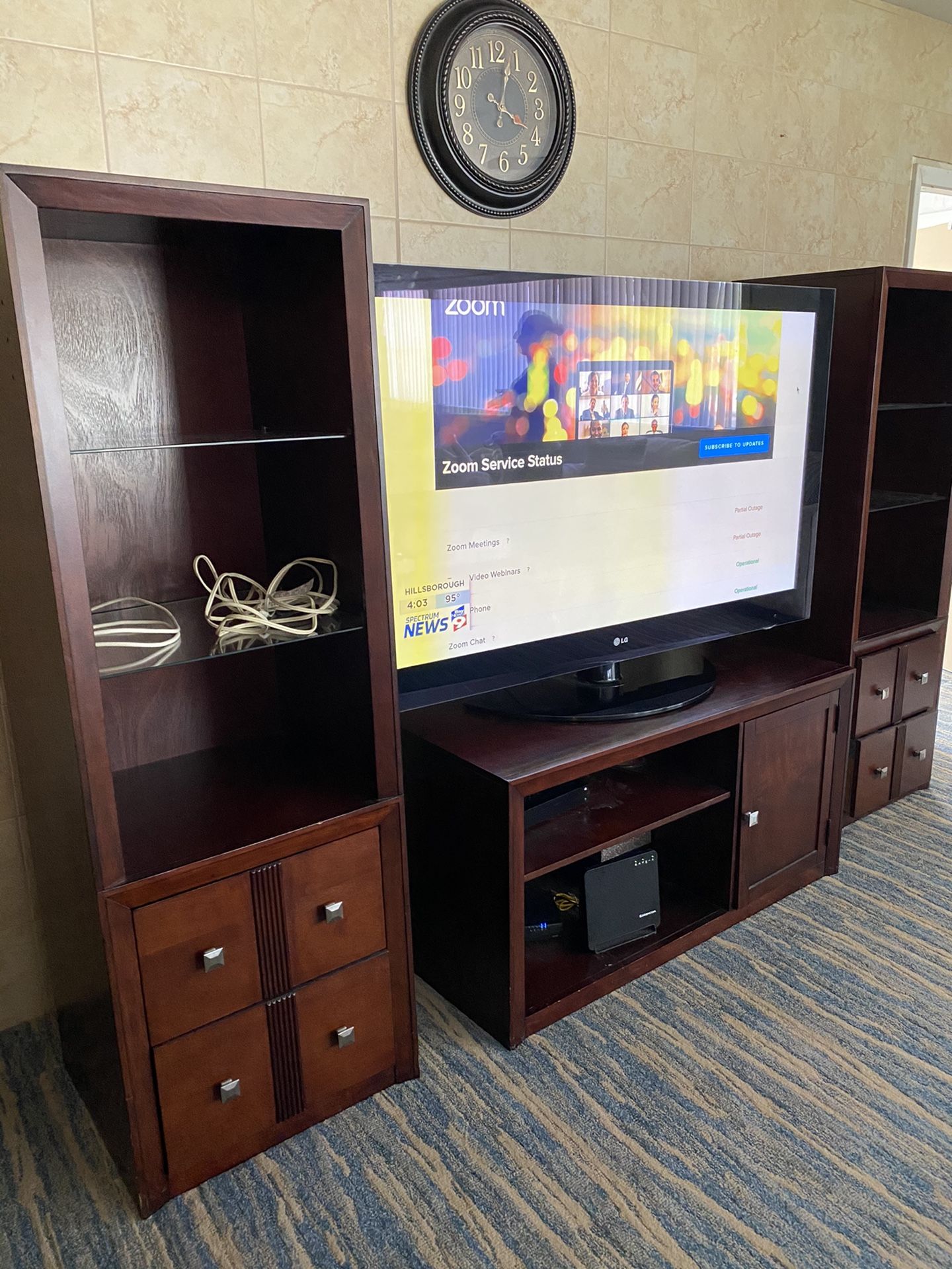 Furniture wall unit in good condition also dining room glass table with six chairs and three glass tables 500 cash