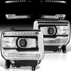 2014 - 2019 GMC Sierra 1500 Sierra 2500HD Sierra 3500HD LED DRL Bar Factory Projector Headlights Black Housing Halogen Models Only 14 - 19
