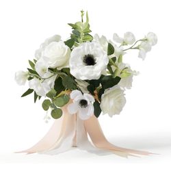 Faux Bridal Bouquet - Lifelike Silk Flowers - Matching Boutonniere – White, Green and Black Wedding Bouquet for Bride - Roses, Sweet Peas, Anemones an