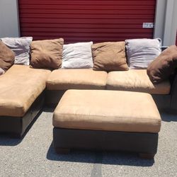 Leather Brown 2 Piece Secional With Ottoman.