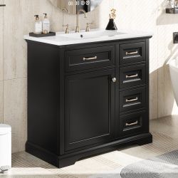 #A66-36" Bathroom Vanity with Integrated Ceramic Sink, 2 Tip-out Drawers, Adjustable Shelving & Soft-Close Hinges, Black