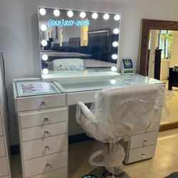 Complete Vanity Set White 13 Drawer Desk With Mirror & LED Lights 