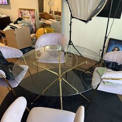 Modern Gold Glass Dining Table Set (Table + 4 Velvet Chairs)