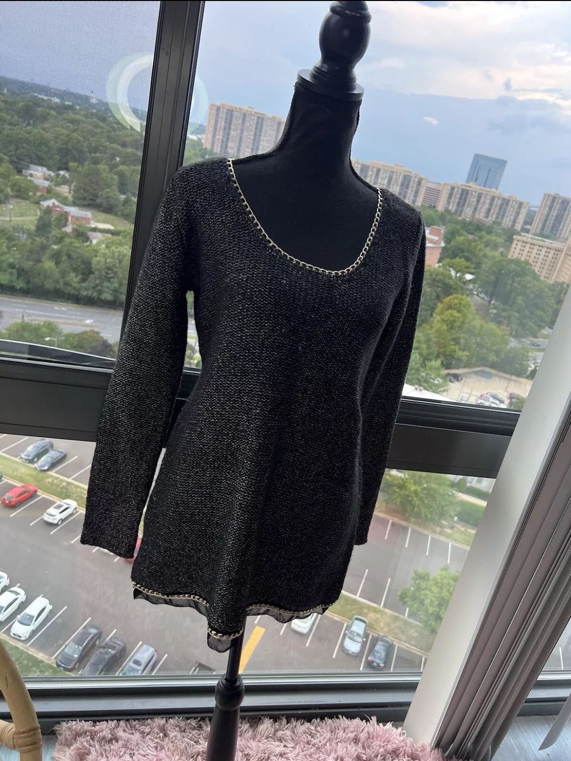 Soft Surroundings Black Knit Mesh Trim Gold Chain Trim Tunic Sweater Size S