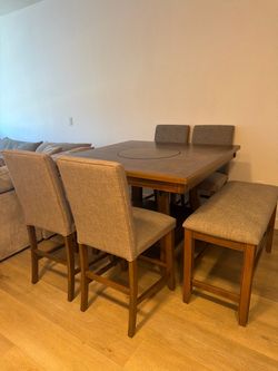 Hyland Brown Grey Square Wood II 48" Kitchen Counter Height Table With Lazy Susan + Stool + Dining Bench Set For 6