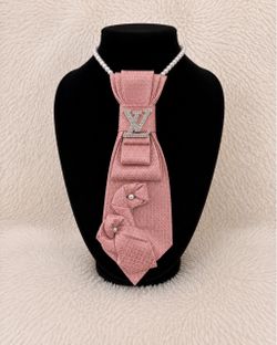 Handmade Pink Necktie Necklace w/ Rhinestone Brooch