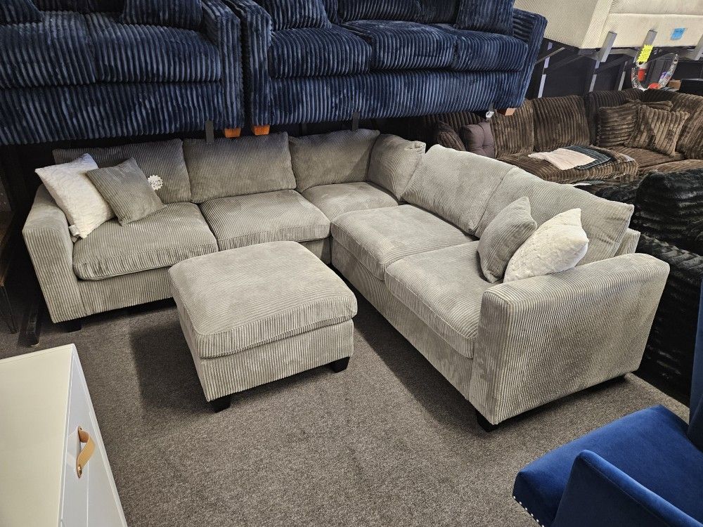 New Sectional Corduroy Fabric 4 Pcs Ottoman Included $599