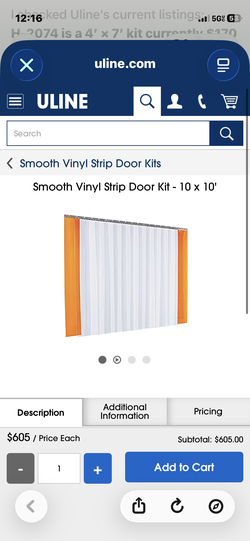 New vinyl door curtain wall kit Uline H2074 H1095