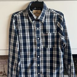 Hollister Blue & White Plaid Long Sleeve Button Down Shirt – Regular Fit – Men’s Size M