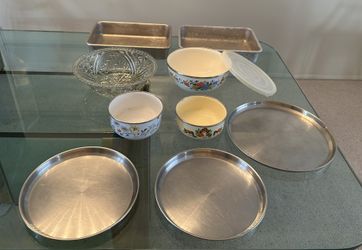 Lot Kobe Kitchen Japan Floral Enameled Mixing Bowl Stainless Steel Trays Crystal Glass Bowls Baking Pans