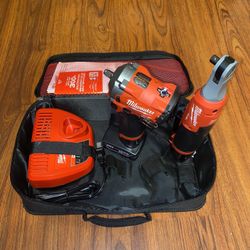 (1) Milwaukee M12 Brushless Fuel (stubby)3/8” Impact Wrench (2554-20) (1) M12 Fuel 3/8 Ratchet (2567-20) kit with (2)battery and(1)Charger (1)Tool Bag