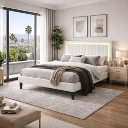 Queen Size Velvet Bed Frame with LED Light, Adjustable Vertical Channel Tufted Headboard, Strong Wooden Slats Support, Noise-Free, No Box Spring Neede