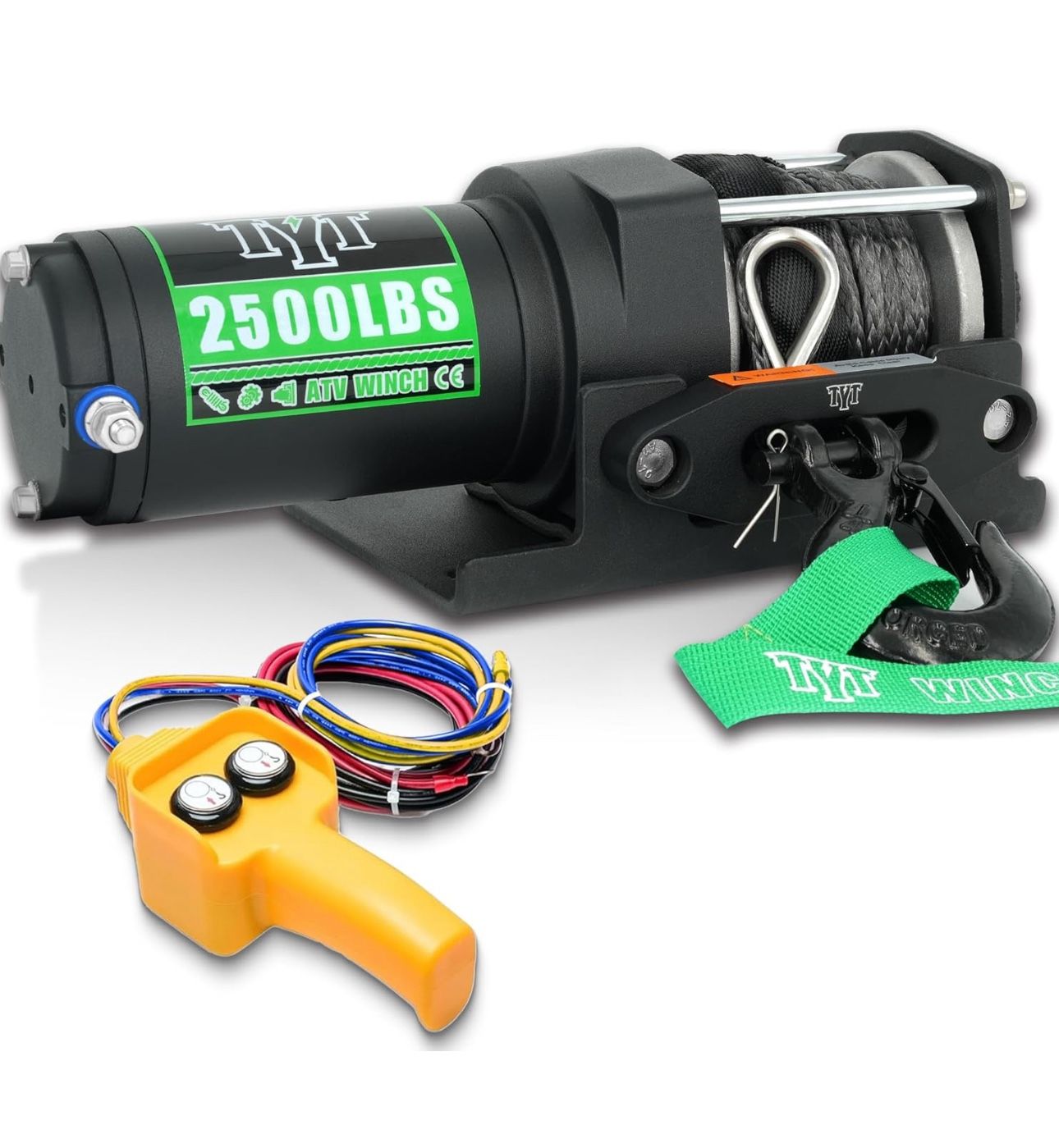 #242 TYT 2500 Lb ATV Electric Winch 12V DC Heavy Duty Synthetic Winch Rope 1/5”x32Ft Wired Remote Control Includes Failed Winch Mounting Plate