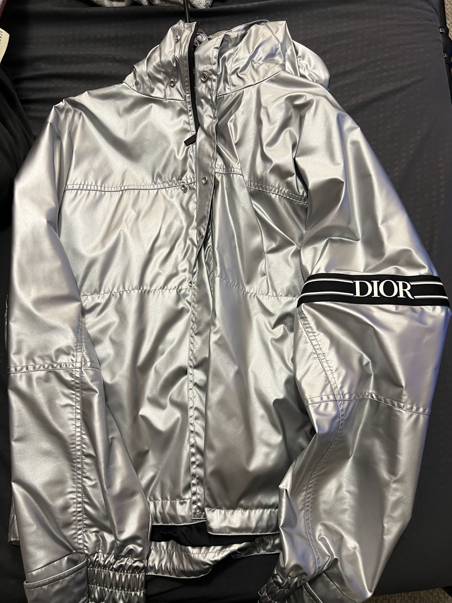 SS21 Dior Silver Logo Windbreaker Metallic Light Jacket size 54
