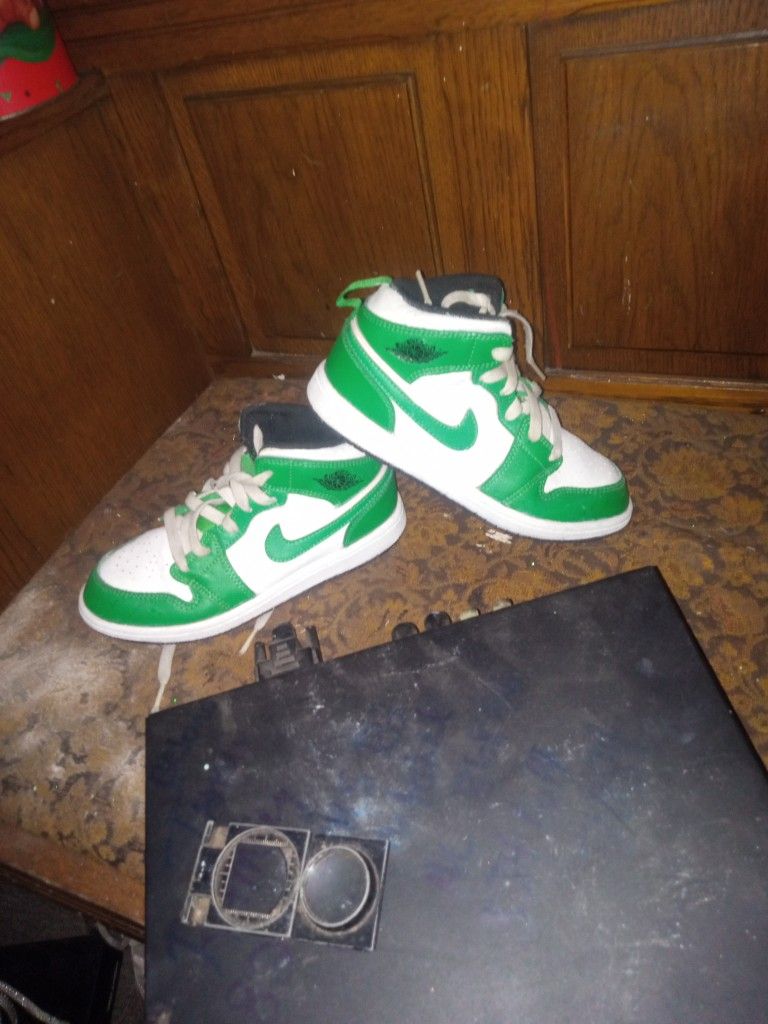 Green And White Jordans .youth Size 1 .in GREAT shape