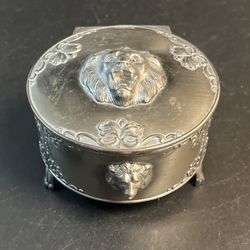 Vtg Lion Head Red Velvet Lined Metal Jewelry Trinket Box Claw Feet  Silver Tone