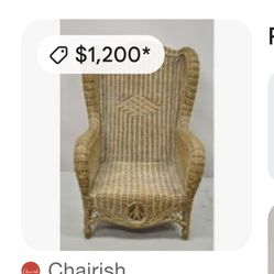 Large Woven Wicker Rattan Victorian Style Wingback Lounge Arm Chair And Couch Set