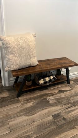 Rustic Wood and Metal Entryway Bench with Shelf