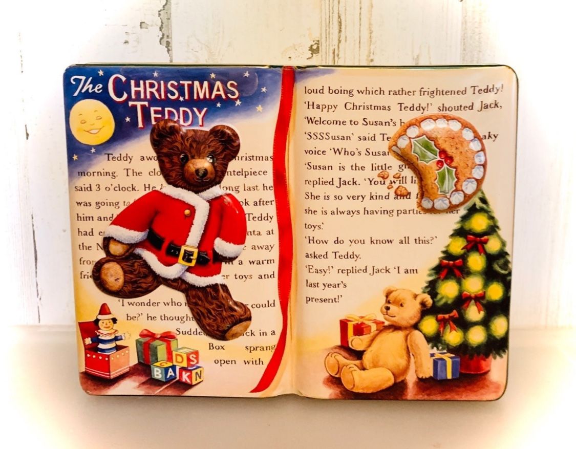 Book Shaped Christmas Tin W/ Teddy & Toys 9 1/2 x 7 1/4 x 2 1/4 #062822A9
