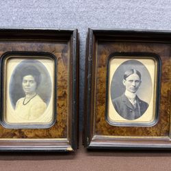 Antique c1900 Victorian Couple Portrait Photos Original Wood Frames Primitive Pair