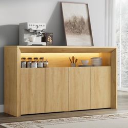 66.2'' Buffet Cabinet with LED Lights 4 Doors Fluted Sideboard Storage Cabinet Shelves,Oak