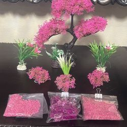 Aquarium / Fish Tank decorations - Large Pink Tree with plastic plants, gravel and gems