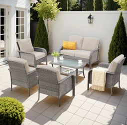 OVIOS 6-Piece Wicker Patio Furniture Set, All-Weather Rattan Conversation Bistro Loveseat Chairs